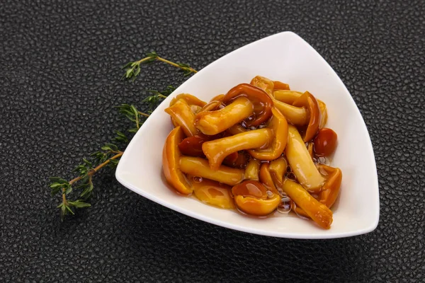 Pickled honey agaric in the bowl served thyme — Stock Image Pickled Honey Agaric Bowl Served Thyme Stock Image