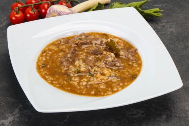 Kafkas Kharço çorbası, sığır eti ve pilav.