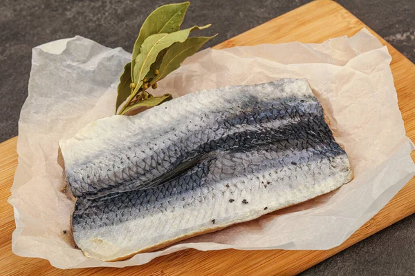 Herring fillet with skin and spices over board — Stock Image Herring Fillet Skin Spices Board Royalty Free Stock Images