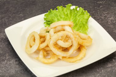 Kavrulmuş kalamar halkaları ve kasede salata.