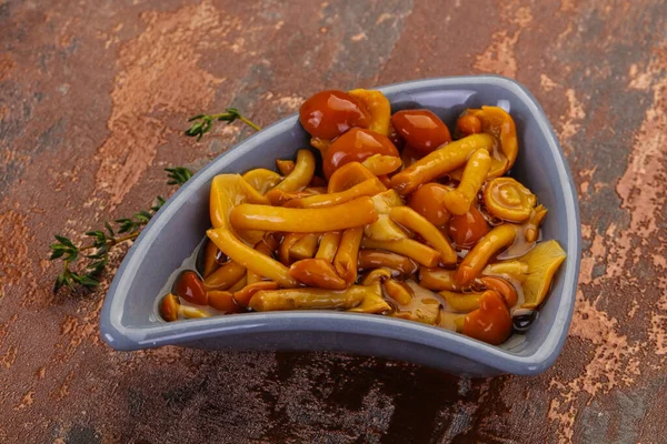Pickled honey agaric in the bowl served thyme — Stock Image Pickled Honey Agaric Bowl Served Thyme Stock Photo