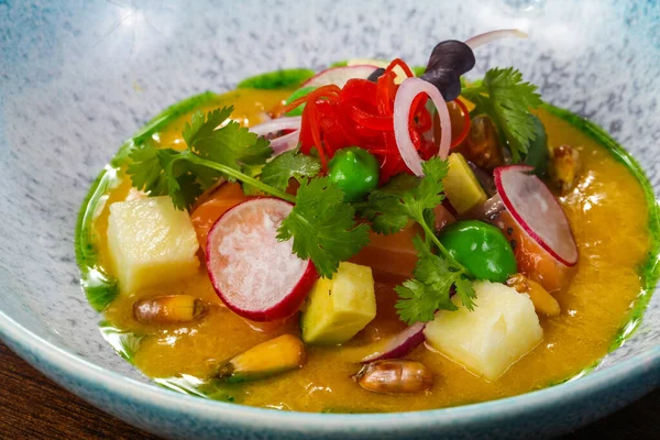 Gurman Soep Met Zalm Groenten Geserveerd Koriander — Stockfoto