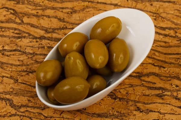 Green Olives Bowl Wooden Bacground — Stock Photo, Image