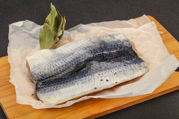 Herring fillet with skin and spices over board — Stock Image Herring Fillet Skin Spices Board Stock Picture