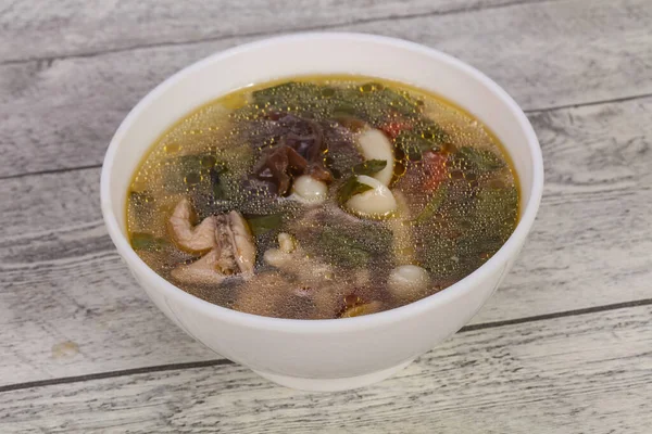 Thai style soup with meat, vegetables and mushrooms — Stock Image Thai Style Soup Meat Vegetables Mushrooms Stock Picture