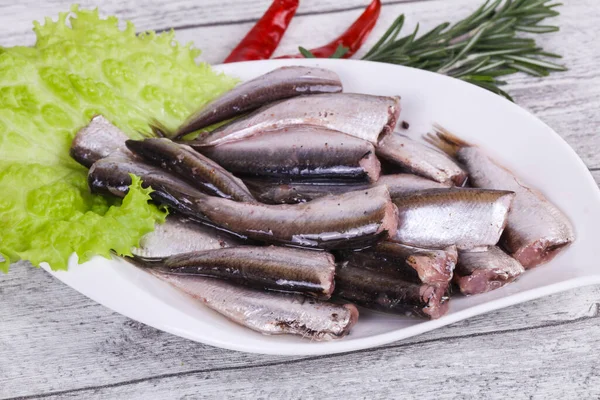 Anchovy Fish Snack Skålen Serveras Salladsblad Och Rosmarin — Stockfoto