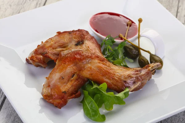 Roasted Rabbit Legs Cowberry Sauce — Stock Photo, Image