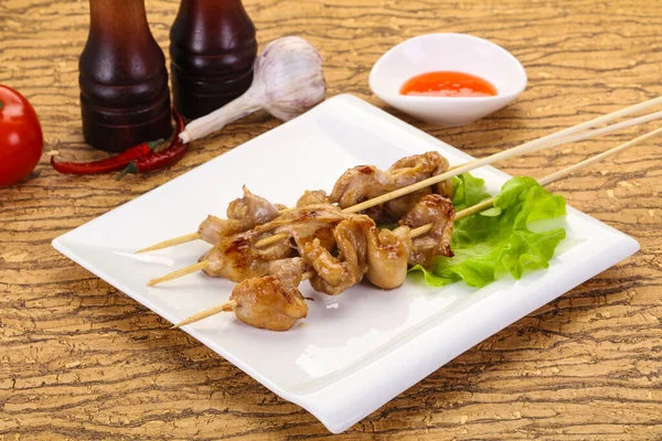 Chicken Skin Skewer Chili Sauce — Stock Photo, Image