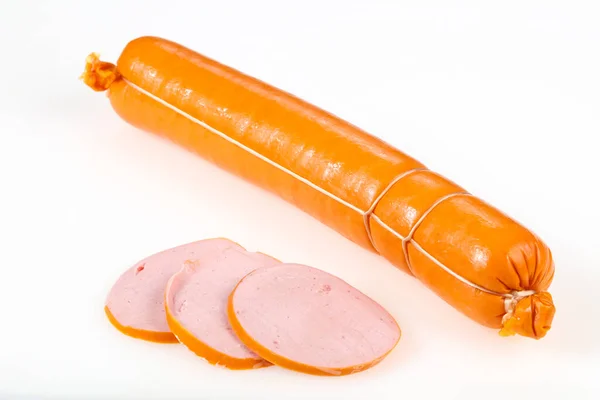 Salsichas Carne Saborosas Prontas Para Comer Sobre Fundo Branco — Fotografia de Stock