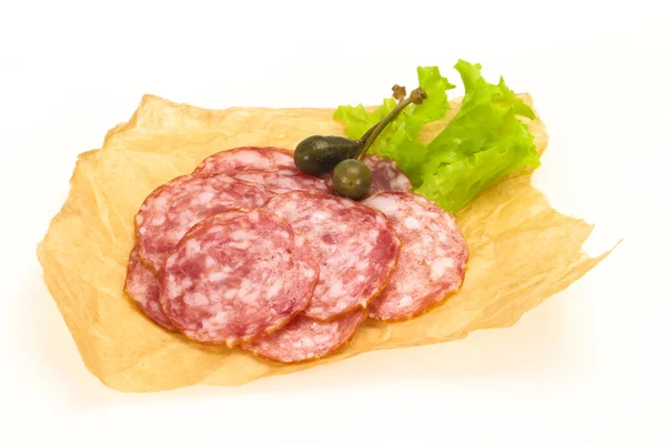 Spanische Salchichonwurst Mit Salatblättern — Stockfoto