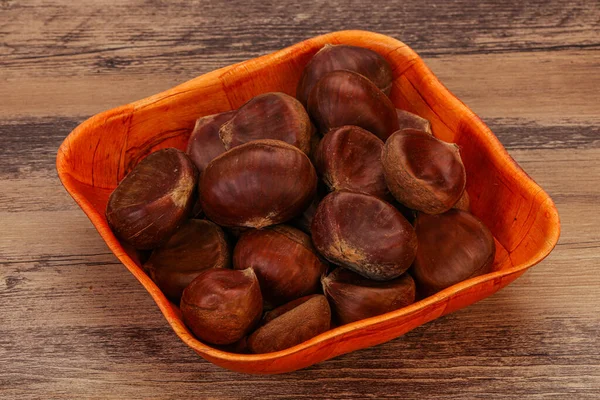 Chestnut Heap Bowl Wooden Background — Stock Photo, Image