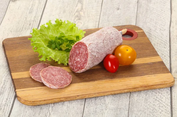 Italian Dry Saliami Pork Sausage Served Salad Leaves — Stock Photo, Image