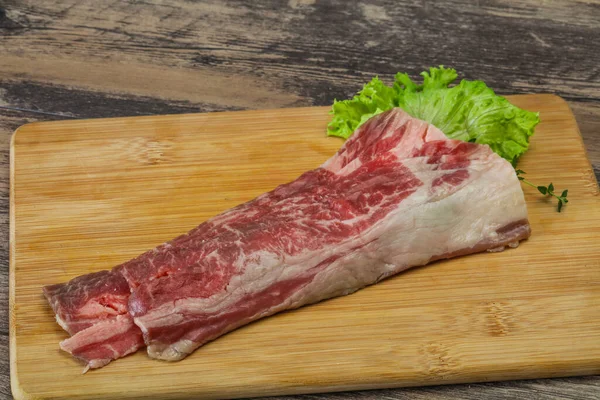 Raw Beef Bacon Wooden Board Served Salad Thyme — Stock Photo, Image