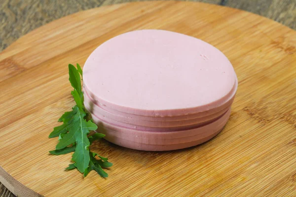 Sliced Sausage Wooden Board Served Rucola Salad — Stock Photo, Image