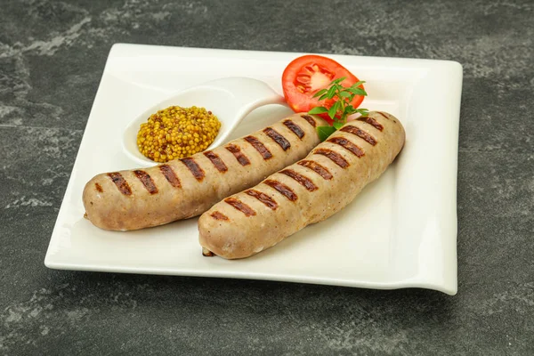 Grilled Natural Pork Sausages Mustard Sauce — Stock Photo, Image