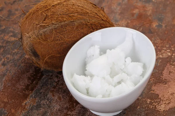 Dietetyczny Olej Kokosowy Misce Podany Orzech — Zdjęcie stockowe