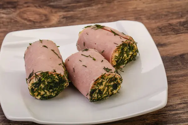 Ham Roll Snack Met Kaas Knoflook — Stockfoto