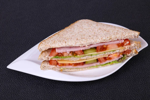 Club Sandwich Ham Cheese Salad Leaves Tomatoes Pickled Cucumbers — Stock Photo, Image