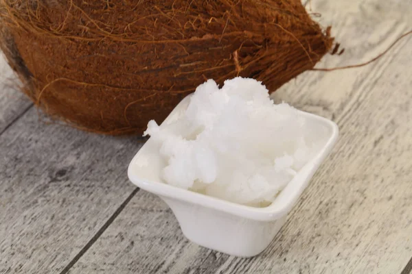 Dietní Kokosový Olej Misce Podávané Ořechy — Stock fotografie