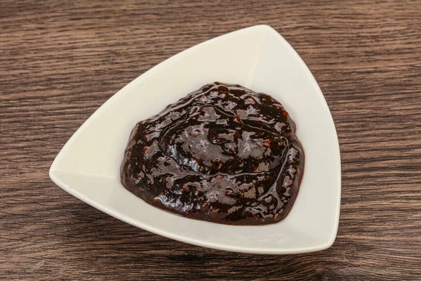 Black Spicy Pepper Sauce Bowl — Stock Photo, Image