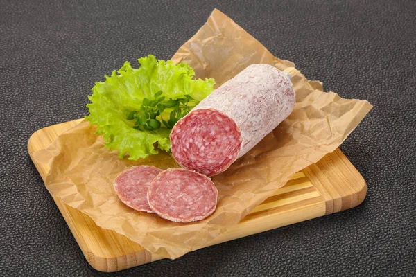 Italian Dry Saliami Pork Sausage Served Salad Leaves — Stock Photo, Image