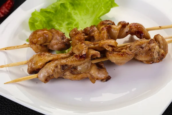 Chicken Skin Skewer Chili Sauce — Stock Photo, Image