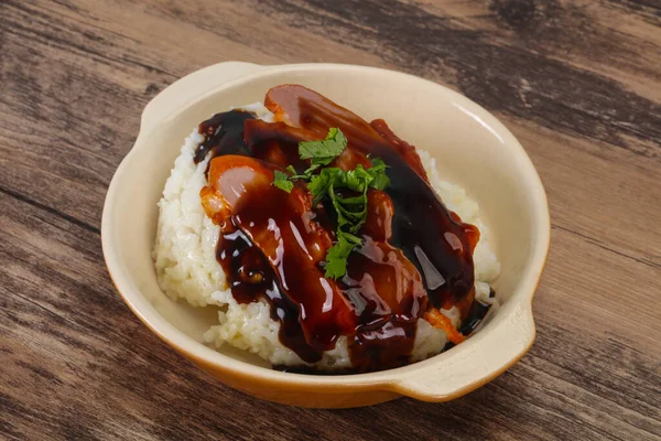 Reis Mit Entenbrust Unagi Sauce Serviert Koriander — Stockfoto