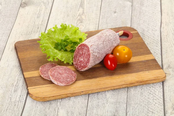 Italian Dry Saliami Pork Sausage Served Salad Leaves — Stock Photo, Image