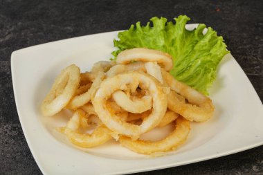 Kavrulmuş kalamar halkaları ve kasede salata.