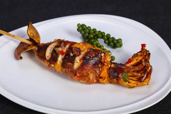 Gegrilde Inktvis Spiesje Met Saus Hebs — Stockfoto