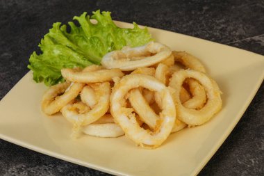 Kavrulmuş kalamar halkaları ve kasede salata.