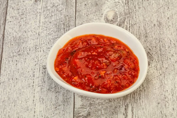 Tomaten Scharfe Würzige Sauce Der Schüssel — Stockfoto