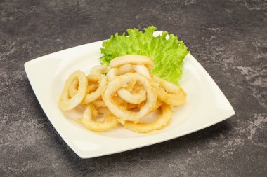 Kavrulmuş kalamar halkaları ve kasede salata.