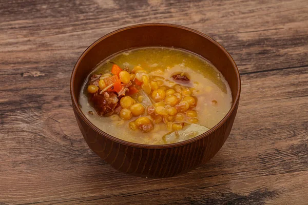 Pea soup with smoked pork ribs — Stock Image Pea Soup Smoked Pork Ribs Stock Photo