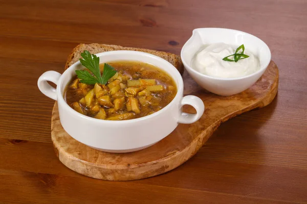 Wild mushroom soup with sour cream and herbs — Stock Image Wild Mushroom Soup Sour Cream Herbs Royalty Free Stock Images