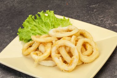 Kavrulmuş kalamar halkaları ve kasede salata.