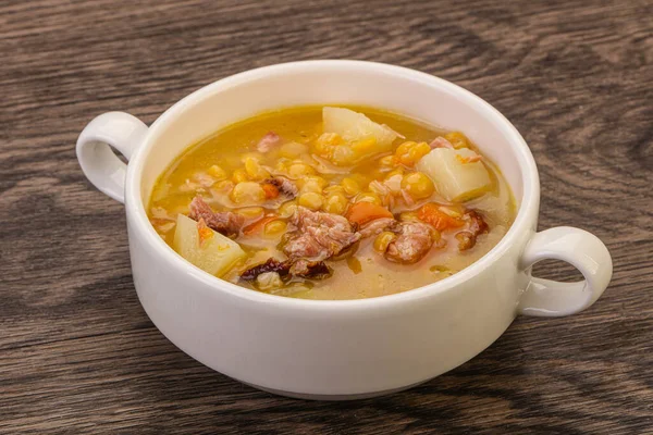 Pea soup with smoked pork ribs — Stock Image Pea Soup Smoked Pork Ribs Stock Image