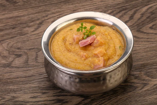 Peas cream soup with smoked pork ribs — Stock Image Peas Cream Soup Smoked Pork Ribs Royalty Free Stock Images