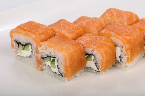 Cozinha Japonesa Filadélfia Rolo Com Salmão Queijo — Fotografia de Stock