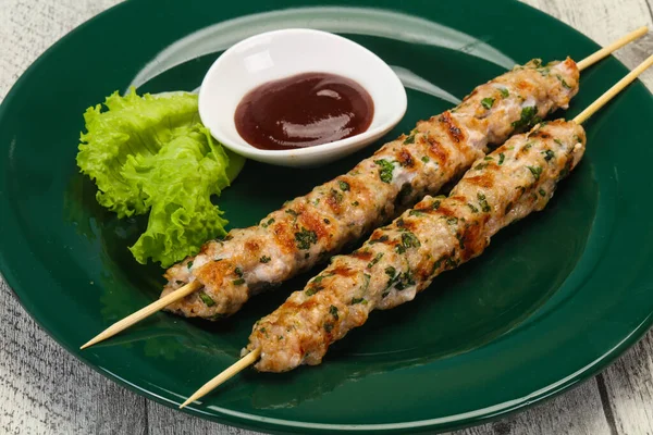 Minced Pork Skewer Kebab Bbq Sauce — Stock Photo, Image