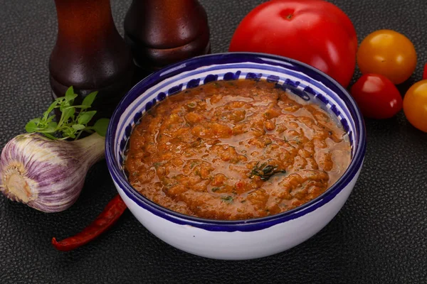 Słynna Hiszpańska Gazpacho Pomidorowa Zimna Zupa — Zdjęcie stockowe