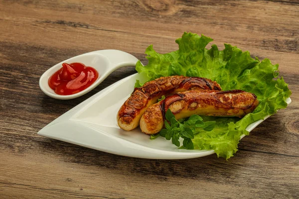 Gebratene Hühnchen Weißwürste Mit Tomatenketchup — Stockfoto