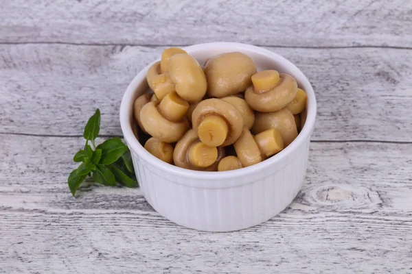 Pickled Champignon Heap Bowl Served Basil Leaves — Stock Photo, Image