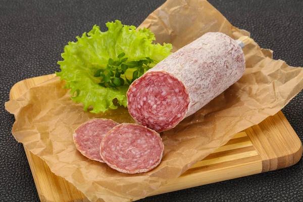 Italian Dry Saliami Pork Sausage Served Salad Leaves — Stock Photo, Image