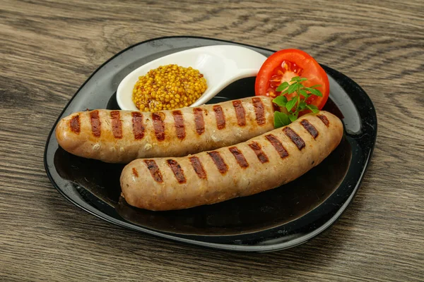 Grilled Natural Pork Sausages Mustard Sauce — Stock Photo, Image