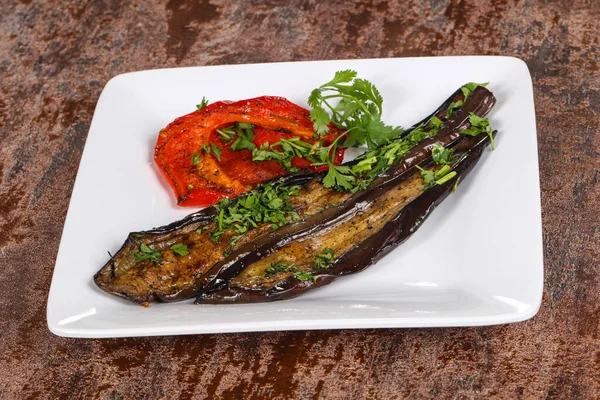Grilled Eggplant Bell Pepper Served Green Herbs Spices — Stock Photo, Image