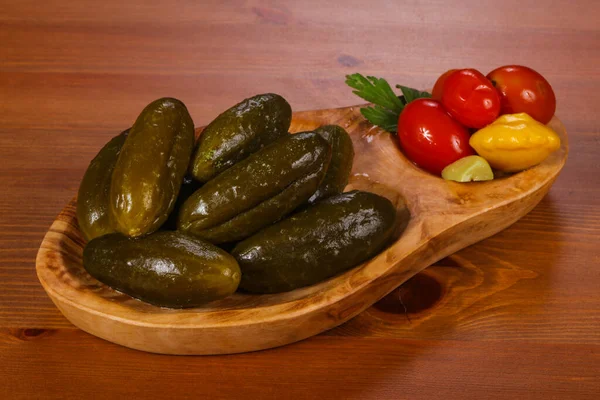 Pickled Cucumbers Wooden Bowl — Stock Photo, Image