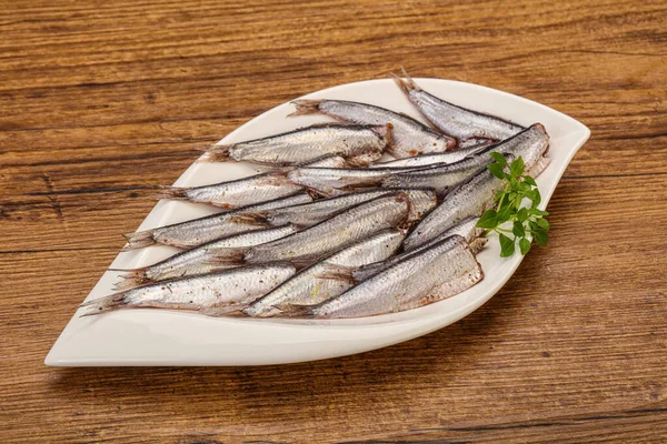 Anchoas Merienda Pescado Tazón Servido Hojas Albahaca — Foto de Stock