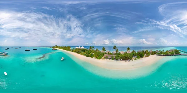 Letecká Sférické Panoráma Tropického Ráje Pláž Ostrůvku Malediv Tyrkysové Moře — Stock fotografie
