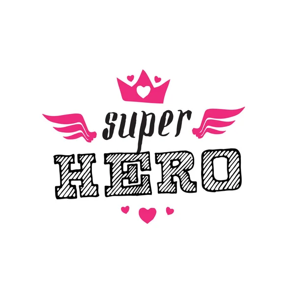 Superhelden Schriftzug Mit Krone Und Flügeln Auf Weißem Hintergrund Vektor — Stockvektor